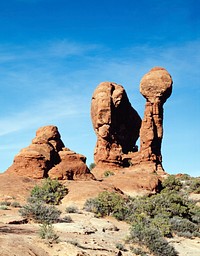 Sandstone Pillars, Arches National Park, Utah. Old Mammoth Road. Original image from <a href="https://www.rawpixel.com/search/carol%20m.%20highsmith?sort=curated&amp;page=1">Carol M. Highsmith</a>&rsquo;s America, Library of Congress collection. Digitally enhanced by rawpixel.