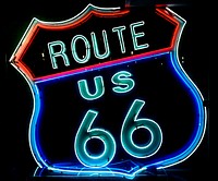 Route 66 neon sign. Original image from <a href="https://www.rawpixel.com/search/carol%20m.%20highsmith?sort=curated&amp;page=1">Carol M. Highsmith</a>&rsquo;s America, Library of Congress collection. Digitally enhanced by rawpixel.