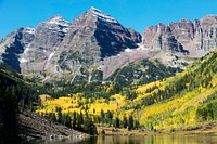 The Maroon Bells, just outside Aspen in Colorado&#39;s Rocky Mountains USA - Fall aspens in San Juan County, Colorado USA - Original image from <a href="https://www.rawpixel.com/search/carol%20m.%20highsmith?sort=curated&amp;page=1">Carol M. Highsmith</a>&rsquo;s America, Library of Congress collection. Digitally enhanced by rawpixel