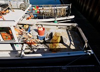 This boat on the Portsmouth, New Hampshire, docks is loaded with buoys used to identify the location of lobster traps. Original image from <a href="https://www.rawpixel.com/search/carol%20m.%20highsmith?sort=curated&amp;page=1">Carol M. Highsmith</a>&rsquo;s America, Library of Congress collection. Digitally enhanced by rawpixel.