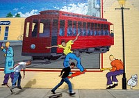 Actual skateboarders mimic those on a street mural, Louisville, Kentucky (1980-2006) by <a href="https://www.rawpixel.com/search/carol%20m.%20highsmith?sort=curated&amp;page=1">Carol M. Highsmith</a>. Original image from Library of Congress. Digitally enhanced by rawpixel.