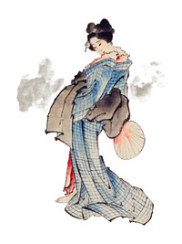 Traditional Japanese Ukyio-e style illustration of a Japanese woman in kimono by <a href="https://www.rawpixel.com/search/Katsushika%20Hokusai?sort=curated&amp;page=1">Katsushika Hokusai</a> (1760-1849). Original from Library of Congress. Digitally enhanced by rawpixel.