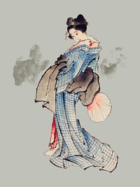 Traditional Japanese Ukyio-e style illustration of a Japanese woman in kimono by <a href="https://www.rawpixel.com/search/Katsushika%20Hokusai?sort=curated&amp;page=1">Katsushika Hokusai</a> (1760-1849). Original from Library of Congress. Digitally enhanced by rawpixel.