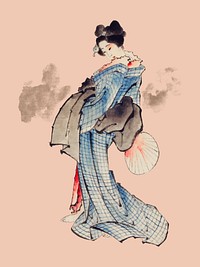 Traditional Japanese Ukyio-e style illustration of a Japanese woman in kimono by Katsushika Hokusai (1760-1849). Original from Library of Congress. Digitally enhanced by rawpixel.