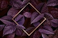 Gold rhombus frame on a purple leaves textured background
