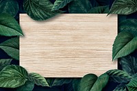 Blank wooden board on a metallic green leaves textured background illustration