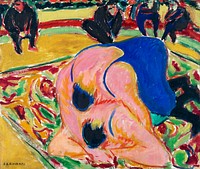 Wrestlers in a Circus (1909) painting in high resolution by <a href="https://www.rawpixel.com/search/Ernst%20Ludwig%20Kirchner?sort=curated&amp;page=1&amp;topic_group=_my_topics">Ernst Ludwig Kirchner</a>. Original from The Cleveland Museum of Art. Digitally enhanced by rawpixel.