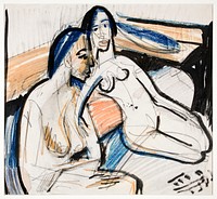 Two Seated Women in Studio (1912) drawing in high resolution by <a href="https://www.rawpixel.com/search/Ernst%20Ludwig%20Kirchner?sort=curated&amp;page=1&amp;topic_group=_my_topics">Ernst Ludwig Kirchner</a>. Original from Yale University Art Gallery. Digitally enhanced by rawpixel.