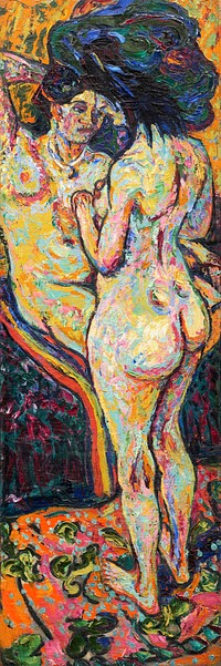 Two Nudes, obverse (1907) painting in high resolution by <a href="https://www.rawpixel.com/search/Ernst%20Ludwig%20Kirchner?sort=curated&amp;page=1&amp;topic_group=_my_topics">Ernst Ludwig Kirchner</a>. Original from The National Gallery of Art. Digitally enhanced by rawpixel.