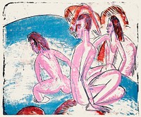Three Bathers by Stones (1913) print in high resolution by Ernst Ludwig Kirchner. Original from The National Gallery of Art. Digitally enhanced by rawpixel.