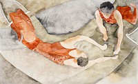 Two Trapeze Performers in Red (ca.1917) painting in high resolution by Charles Demuth. Original from Barnes Foundation. Digitally enhanced by rawpixel.