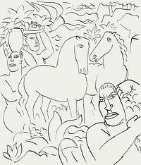 Landscape with a man, two women and horses (ca. 1891&ndash;1941) drawing in high resolution by <a href="https://www.rawpixel.com/search/Leo%20Gestel?sort=curated&amp;page=1&amp;topic_group=_my_topics">Leo Gestel</a>. Original from The Rijksmuseum. Digitally enhanced by rawpixel.