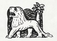 Lion stands in front of a palm tree (ca. 1891&ndash;1941) drawing in high resolution by <a href="https://www.rawpixel.com/search/Leo%20Gestel?sort=curated&amp;page=1&amp;topic_group=_my_topics">Leo Gestel</a>. Original from The Rijksmuseum. Digitally enhanced by rawpixel.