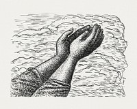 Two hands raised in front of clouds (ca. 1891&ndash;1941) drawing in high resolution by <a href="https://www.rawpixel.com/search/Leo%20Gestel?sort=curated&amp;page=1&amp;topic_group=_my_topics">Leo Gestel</a>. Original from The Rijksmuseum. Digitally enhanced by rawpixel.