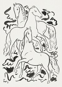Three Horses (ca. 1925&ndash;1930) drawing in high resolution by Leo Gestel. Original from The Rijksmuseum. Digitally enhanced by rawpixel.