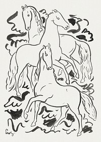 Three Horses (ca. 1925–1930) drawing in high resolution by Leo Gestel. Original from The Rijksmuseum. Digitally enhanced by rawpixel.