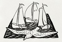 Three sailing ships and a seagull (ca. 1891&ndash;1941) drawing in high resolution by Leo Gestel. Original from The Rijksmuseum. Digitally enhanced by rawpixel.