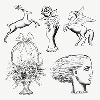 Vintage element psd hand drawn illustration set, remixed from artworks from Leo Gestel