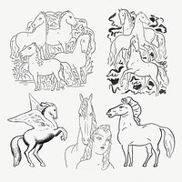 Vintage horse psd hand drawn illustration set, remixed from artworks from Leo Gestel