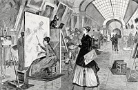 Art Students and Copyists in the Louvre Gallery, Paris (1864) by <a href="https://www.rawpixel.com/search/Winslow%20Homer?sort=curated&amp;page=1&amp;topic_group=_my_topics">Winslow Homer</a>. Original from Cleveland Art. Digitally enhanced by rawpixel.