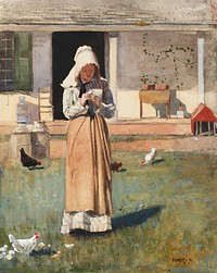 A Sick Chicken (1874) by <a href="https://www.rawpixel.com/search/Winslow%20Homer?sort=curated&amp;page=1&amp;topic_group=_my_topics">Winslow Homer</a>. Original from The National Gallery of Art. Digitally enhanced by rawpixel.