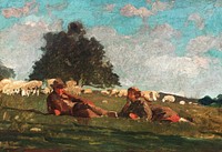 Boy and Girl in a Field with Sheep (1878) by <a href="https://www.rawpixel.com/search/Winslow%20Homer?sort=curated&amp;page=1&amp;topic_group=_my_topics">Winslow Homer</a>. Original from The Smithsonian. Digitally enhanced by rawpixel. Digitally enhanced by rawpixel.