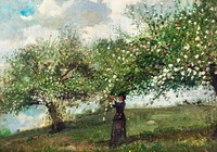 Girl Picking Apple Blossoms (1879) by <a href="https://www.rawpixel.com/search/Winslow%20Homer?sort=curated&amp;page=1&amp;topic_group=_my_topics">Winslow Homer</a>. Original from The Smithsonian. Digitally enhanced by rawpixel.