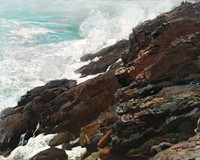 High Cliff, Coast of Maine (1894) by <a href="https://www.rawpixel.com/search/Winslow%20Homer?sort=curated&amp;page=1&amp;topic_group=_my_topics">Winslow Homer</a>. Original from The Smithsonian. Digitally enhanced by rawpixel.