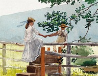On the Stile (1878) by <a href="https://www.rawpixel.com/search/Winslow%20Homer?sort=curated&amp;page=1&amp;topic_group=_my_topics">Winslow Homer</a>. Original from The National Gallery of Art. Digitally enhanced by rawpixel.