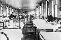 American ward at the Fourth Scottish General Hospital in Glasgow. Most of the patients are influenza cases from incoming convoys (1918). Original from Library of Congress. Digitally enhanced by rawpixel.