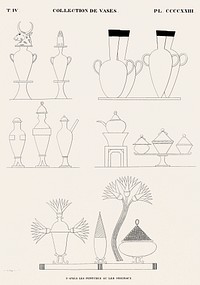 Collection of vases. From the paintings or originals from Monuments de l&#39;&Eacute;gypte et de la Nubie (1835&ndash;1845) by <a href="https://www.rawpixel.com/search/Jean%20Fran%C3%A7ois%20Champollion?&amp;sort=curated&amp;page=1">Jean Fran&ccedil;ois Champollion</a> (1790&ndash;1832). Original from The New York Public Library. Digitally enhanced by rawpixel.