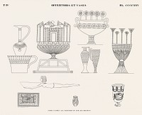 Offertoirs and vases from the paintings or originals from Monuments de l&#39;&Eacute;gypte et de la Nubie (1835&ndash;1845) by <a href="https://www.rawpixel.com/search/Jean%20Fran%C3%A7ois%20Champollion?&amp;sort=curated&amp;page=1">Jean Fran&ccedil;ois Champollion</a> (1790&ndash;1832). Original from The New York Public Library. Digitally enhanced by rawpixel.