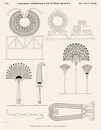 Necklaces, umbrellas and other objects copied from the paintings or the originals from Monuments de l&#39;&Eacute;gypte et de la Nubie (1835&ndash;1845) by <a href="https://www.rawpixel.com/search/Jean%20Fran%C3%A7ois%20Champollion?&amp;sort=curated&amp;page=1">Jean Fran&ccedil;ois Champollion</a> (1790&ndash;1832). Original from The New York Public Library. Digitally enhanced by rawpixel.