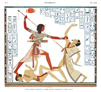 Second painting decorated on south wall in interior of the great speos from Monuments de l&#39;&Eacute;gypte et de la Nubie (1835&ndash;1845) by <a href="https://www.rawpixel.com/search/Jean%20Fran%C3%A7ois%20Champollion?&amp;sort=curated&amp;page=1">Jean Fran&ccedil;ois Champollion</a> (1790&ndash;1832). Original from The New York Public Library. Digitally enhanced by rawpixel.