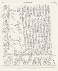 Vintage illustration of Great speos: large gallery or vestibule, north wall. Bottom row, last painting of northeast corner from Monuments de l&#39;&Eacute;gypte et de la Nubie.