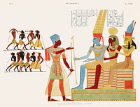Great speos: Great hall, east wall. Second painting from Monuments de l&#39;&Eacute;gypte et de la Nubie (1835&ndash;1845) by <a href="https://www.rawpixel.com/search/Jean%20Fran%C3%A7ois%20Champollion?&amp;sort=curated&amp;page=1">Jean Fran&ccedil;ois Champollion</a> (1790&ndash;1832). Original from The New York Public Library. Digitally enhanced by rawpixel.