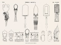 Objects found in the tombs from Monuments de l&#39;&Eacute;gypte et de la Nubie (1835&ndash;1845) by <a href="https://www.rawpixel.com/search/Jean%20Fran%C3%A7ois%20Champollion?&amp;sort=curated&amp;page=1">Jean Fran&ccedil;ois Champollion</a> (1790&ndash;1832). Original from The New York Public Library. Digitally enhanced by rawpixel.