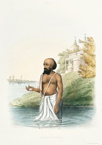 The Brahmin&#39;s first ceremony on entering the ganges from The Sundhya or the Daily Prayers of the Brahmins (1851) by <a href="https://www.rawpixel.com/search/Sophie%20Charlotte%20Belnos?&amp;page=1">Sophie Charlotte Belnos</a> (1795&ndash;1865).