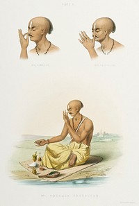 1. Pooruck Pranaiyam 2. Kumbuck 3. Raichuck from The Sundhya or the Daily Prayers of the Brahmins (1851) by <a href="https://www.rawpixel.com/search/Sophie%20Charlotte%20Belnos?&amp;page=1">Sophie Charlotte Belnos</a> (1795&ndash;1865).