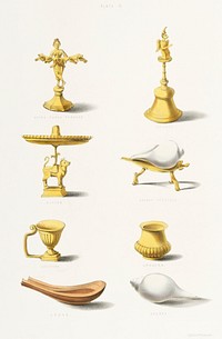 Religious Vessels from The Sundhya or the Daily Prayers of the Brahmins (1851) by <a href="https://www.rawpixel.com/search/Sophie%20Charlotte%20Belnos?&amp;page=1">Sophie Charlotte Belnos</a> (1795&ndash;1865).
