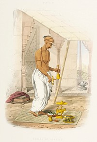 Pooja of Mahadeo (Mahadeva) from The Sundhya or the Daily Prayers of the Brahmins (1851) by Sophie Charlotte Belnos (1795&ndash;1865).