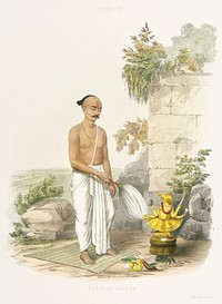 Pooja of Gunesh from The Sundhya or the Daily Prayers of the Brahmins (1851) by <a href="https://www.rawpixel.com/search/Sophie%20Charlotte%20Belnos?&amp;page=1">Sophie Charlotte Belnos</a> (1795&ndash;1865).