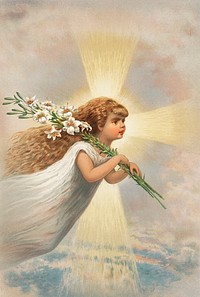 An angel in the sky holding lilies on her shoulders from The Miriam and Ira D. Wallach Division Of Art, Prints and Photographs: Picture Collection published by <a href="https://www.rawpixel.com/search/L.%20prong%20%26%20Co?sort=curated&amp;page=1">L. Prang &amp; Co</a>. Original From The New York Public Library. Digitally enhanced by rawpixel.