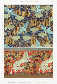 Martins-p&ecirc;cheurs et butome en ombelle, papier peint. Chevaux et arbres, bordure from L&#39;animal dans la d&eacute;coration (1897) illustrated by <a href="https://www.rawpixel.com/search/Maurice%20Pillard%20Verneuil?sort=curated&amp;type=all&amp;page=1">Maurice Pillard Verneuil</a>. Original from the The New York Public Library. Digitally enhanced by rawpixel.