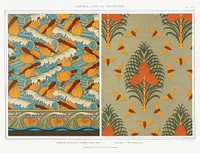 Poissons volants et vagues, papier peint. Cigales et pin, papier peint. Coquilles de nautiles, bordure from L&#39;animal dans la d&eacute;coration (1897) illustrated by <a href="https://www.rawpixel.com/search/Maurice%20Pillard%20Verneuil?sort=curated&amp;type=all&amp;page=1">Maurice Pillard Verneuil</a>. Original from the The New York Public Library. Digitally enhanced by rawpixel.