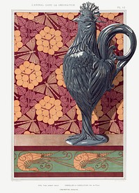 Coq, vase argent cisel&eacute;. Ombelles et libellules, jeu de fond. Crevettes, bordure from L&#39;animal dans la d&eacute;coration (1897) illustrated by <a href="https://www.rawpixel.com/search/Maurice%20Pillard%20Verneuil?sort=curated&amp;type=all&amp;page=1">Maurice Pillard Verneuil</a>. Original from the The New York Public Library. Digitally enhanced by rawpixel.