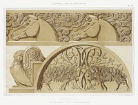 Chevaux, frise en pierre. Coq, amortissement. Boucs, tympan en pierre sculpt&eacute;e from L&#39;animal dans la d&eacute;coration (1897) illustrated by <a href="https://www.rawpixel.com/search/Maurice%20Pillard%20Verneuil?sort=curated&amp;type=all&amp;page=1">Maurice Pillard Verneuil</a>. Original from the The New York Public Library. Digitally enhanced by rawpixel.