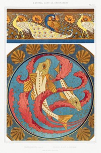 Paons et pavots, bordure. Grondins, algues et coquilles, plat en &eacute;mail cloisonn&eacute; from L&#39;animal dans la d&eacute;coration (1897) illustrated by <a href="https://www.rawpixel.com/search/Maurice%20Pillard%20Verneuil?sort=curated&amp;type=all&amp;page=1">Maurice Pillard Verneuil</a>. Original from the The New York Public Library. Digitally enhanced by rawpixel.