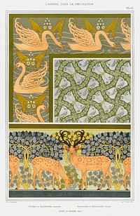 Cygnes et sagittaire, bordure. Pappillons et feuillages, &eacute;toffe. Cerfs et biches, frise from L&#39;animal dans la d&eacute;coration (1897) illustrated by <a href="https://www.rawpixel.com/search/Maurice%20Pillard%20Verneuil?sort=curated&amp;type=all&amp;page=1">Maurice Pillard Verneuil</a>. Original from the The New York Public Library. Digitally enhanced by rawpixel.