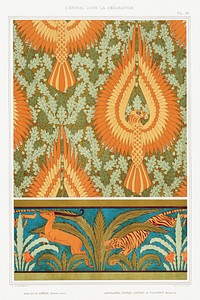 Aigles et ch&ecirc;ne, papier peint. Antilopes, tigres, cactus et palmiers, bordure from L&#39;animal dans la d&eacute;coration (1897) illustrated by <a href="https://www.rawpixel.com/search/Maurice%20Pillard%20Verneuil?sort=curated&amp;type=all&amp;page=1">Maurice Pillard Verneuil</a>. Original from the The New York Public Library. Digitally enhanced by rawpixel.
